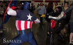 Captain america and the winter solder superheroes rental battle at comicpalooza in Houston, Texas.