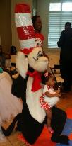 The cat in the hat mascot costumed character birthday party in Sugarland, texas.