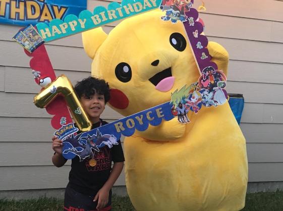 Pikachu mascot costumed character available to hire for birthday parties in Houston, Texas.