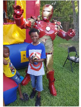 rent this metal super hero for a memorable kids birthday celebration in Houston, comes with awesome props and games.